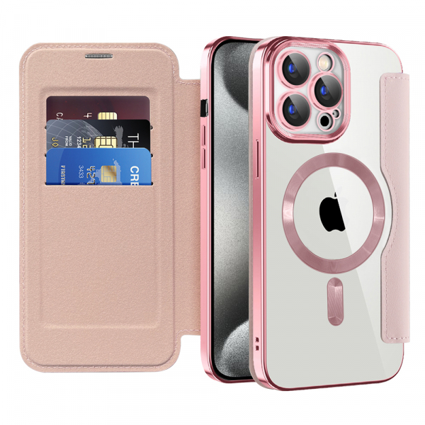 Husa MagSafe pentru Apple iPhone 15 Pro Max, Techsuit, SmartMag Book, Roz