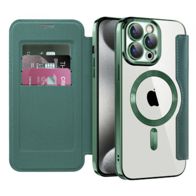 Husa MagSafe pentru Apple iPhone 15 Pro Max, Techsuit, SmartMag Book, Verde