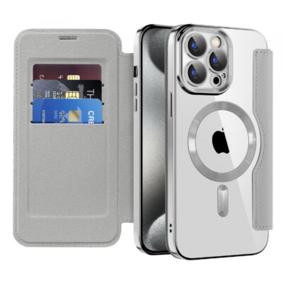Husa MagSafe pentru Apple iPhone 15 Pro, Techsuit, SmartMag Book, Gri