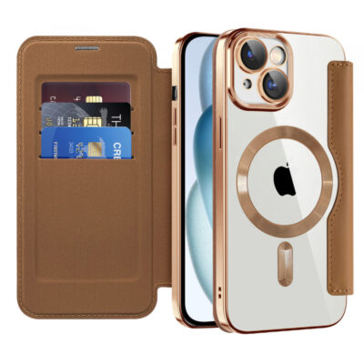 Husa MagSafe pentru Apple iPhone 15, Techsuit, SmartMag Book, Maro