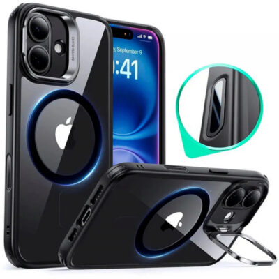 Husa MagSafe pentru Apple iPhone 16, ESR, Classic Hybrid Kickstand Slide, Neagra Transparenta