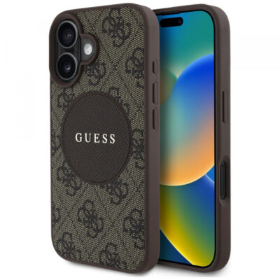 Husa MagSafe pentru Apple iPhone 16, Guess, 4G Circle Classic Logo, Maro