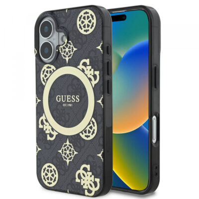 Husa MagSafe pentru Apple iPhone 16, Guess, IML 4G Peony, Neagra