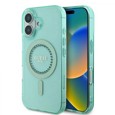 Husa MagSafe pentru Apple iPhone 16 Plus, Guess, IML Rhinestone, Verde
