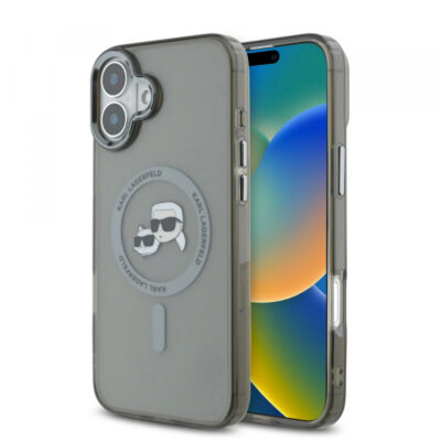 Husa MagSafe pentru Apple iPhone 16 Plus, Karl Lagerfeld, IML Metal Karl & Choupette’s Heads, Neagra