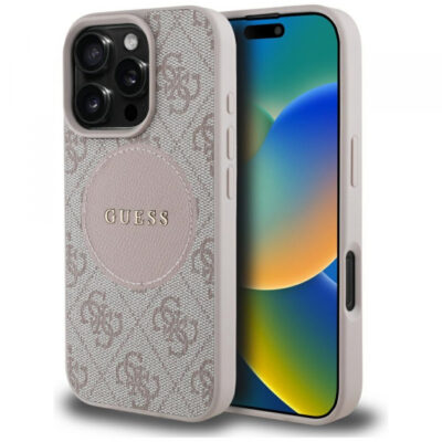 Husa MagSafe pentru Apple iPhone 16 Pro, Guess, 4G Circle Classic Logo, Roz
