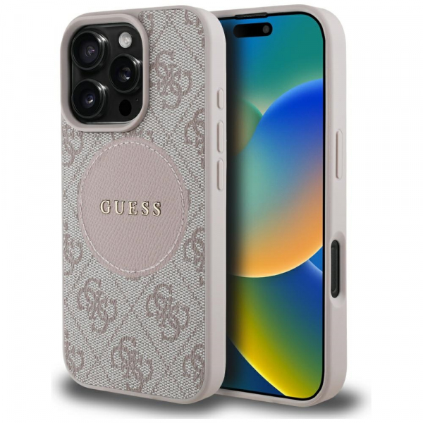 Husa MagSafe pentru Apple iPhone 16 Pro, Guess, 4G Circle Classic Logo, Roz
