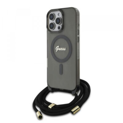 Husa MagSafe pentru Apple iPhone 16 Pro, Guess, IML Crossbody Cord Script, Neagra