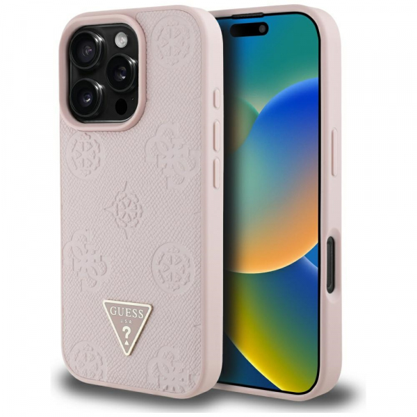 Husa MagSafe pentru Apple iPhone 16 Pro, Guess, Peony Grained Hot Stamp Triangle, Roz