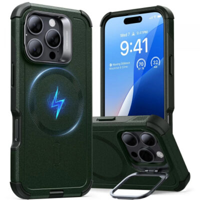 Husa MagSafe pentru Apple iPhone 16 Pro Max, ESR, Cyber Armor Kickstand, Verde