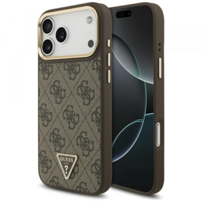Husa MagSafe pentru Apple iPhone 17 Pro, Guess, 4G Triangle Logo, Maro Aurie