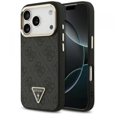 Husa MagSafe pentru Apple iPhone 17 Pro, Guess, 4G Triangle Logo, Neagra Aurie