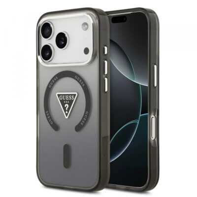 Husa MagSafe pentru Apple iPhone 17 Pro, Guess, IML Gradient Triangle Logo, Neagra Argintie