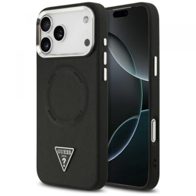 Husa MagSafe pentru Apple iPhone 17 Pro, Guess, Triangle Logo, Neagra Argintie
