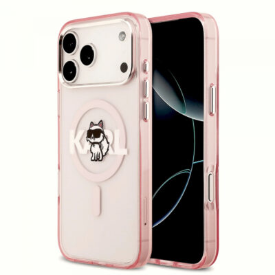 Husa MagSafe pentru Apple iPhone 17 Pro Max, Karl Lagerfeld, IML Sketch Logo Choupette, Roz