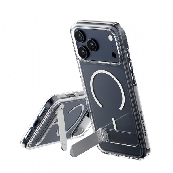Husa MagSafe pentru Apple iPhone 17 Pro Max, PanzerGlass, Care Feature Kickstand, Transparenta Alba