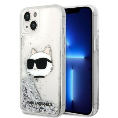 Husa pentru Apple iPhone 14 Plus, Karl Lagerfeld, Glitter Choupette’s Head, Argintie