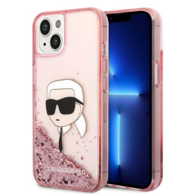 Husa pentru Apple iPhone 14 Plus, Karl Lagerfeld, Glitter Karl’s Head, Roz