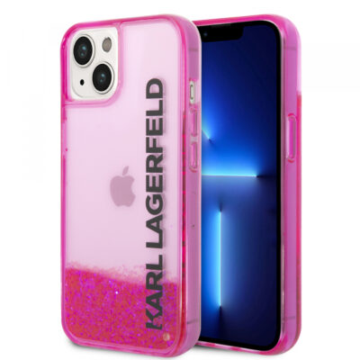 Husa pentru Apple iPhone 14 Plus, Karl Lagerfeld, Liquid Glitter KL Logo, Roz
