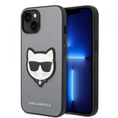 Husa pentru Apple iPhone 14 Plus, Karl Lagerfeld, Saffiano Choupette’s Head, Argintie