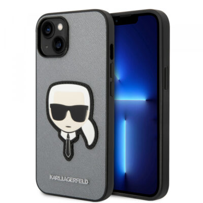 Husa pentru Apple iPhone 14 Plus, Karl Lagerfeld, Saffiano Karl’s Head, Argintie