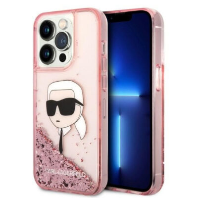 Husa pentru Apple iPhone 14 Pro, Karl Lagerfeld, Glitter Karl’s Head, Roz