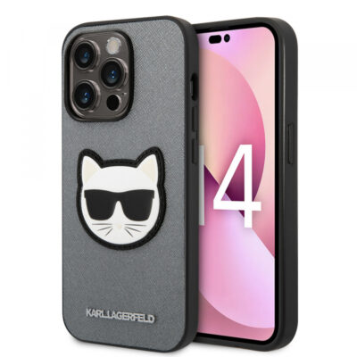 Husa pentru Apple iPhone 14 Pro, Karl Lagerfeld, Saffiano Choupette’s Head, Argintie
