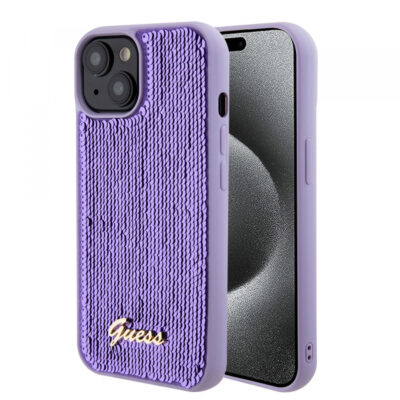 Husa pentru Apple iPhone 15, Guess, Sequin Script Metal, Mov