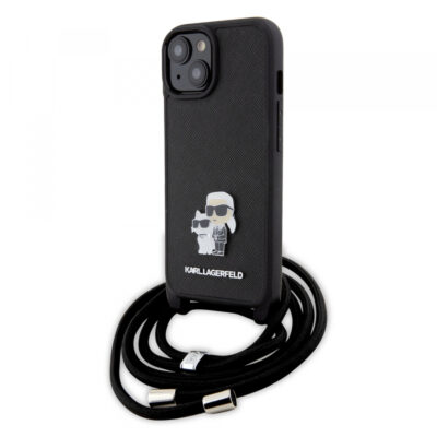 Husa pentru Apple iPhone 15 Plus, Karl Lagerfeld, Saffiano Crossbody Metal Pin Karl & Choupette, Neagra