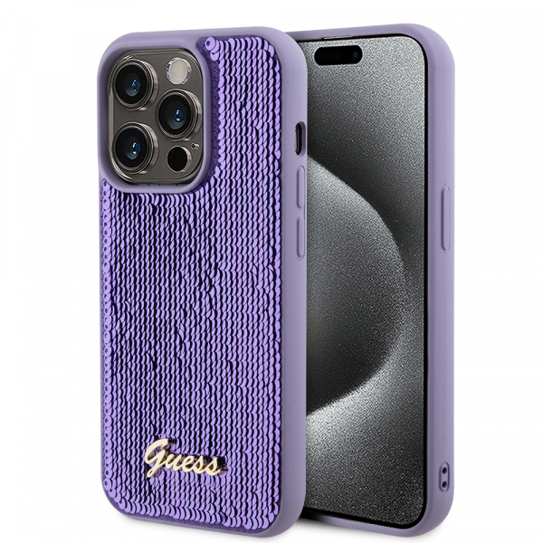 Husa pentru Apple iPhone 15 Pro, Guess, Sequin Script Metal, Mov