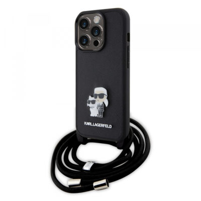 Husa pentru Apple iPhone 15 Pro, Karl Lagerfeld, Saffiano Crossbody Metal Pin Karl & Choupette, Neagra