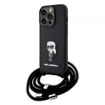 Husa pentru Apple iPhone 15 Pro, Karl Lagerfeld, Saffiano Crossbody Monogram Metal Pin Karl, Neagra