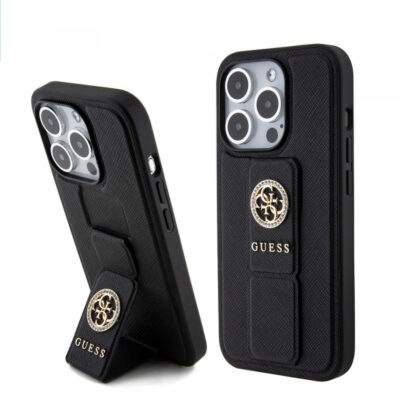 Husa pentru Apple iPhone 15 Pro Max, Guess, Grip Stand 4G Saffiano Strass, Neagra