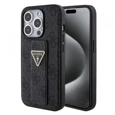 Husa pentru Apple iPhone 15 Pro Max, Guess, Grip Stand 4G Triangle Strass, Neagra
