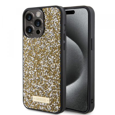 Husa pentru Apple iPhone 15 Pro Max, Guess, Rhinestone Metal Logo, Galbena