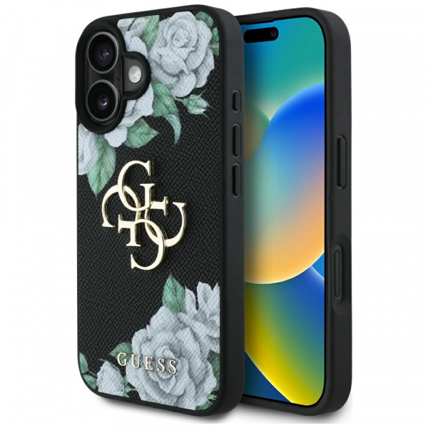 Husa pentru Apple iPhone 16, Guess, 4G Grained Roses Big Logo, Neagra