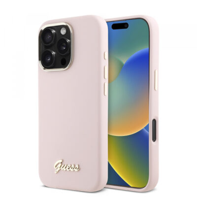 Husa pentru Apple iPhone 16 Pro, Guess, Script Metal Logo & Frame, Roz