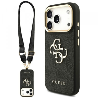 Husa pentru Apple iPhone 17 Pro, Guess, Big 4G Classic Logo with Big Strap, Neagra