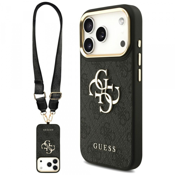 Husa pentru Apple iPhone 17 Pro, Guess, Big 4G Classic Logo with Big Strap, Neagra