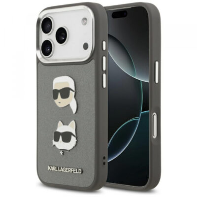 Husa pentru Apple iPhone 17 Pro, Karl Lagerfeld, Grained Karl & Choupette’s Heads Pins and Logo, Gri