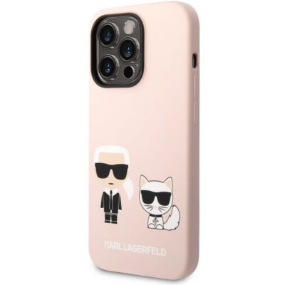 Husa MagSafe pentru Apple iPhone 14 Pro, Karl Lagerfeld, Silicone Body Karl & Choupette, Roz