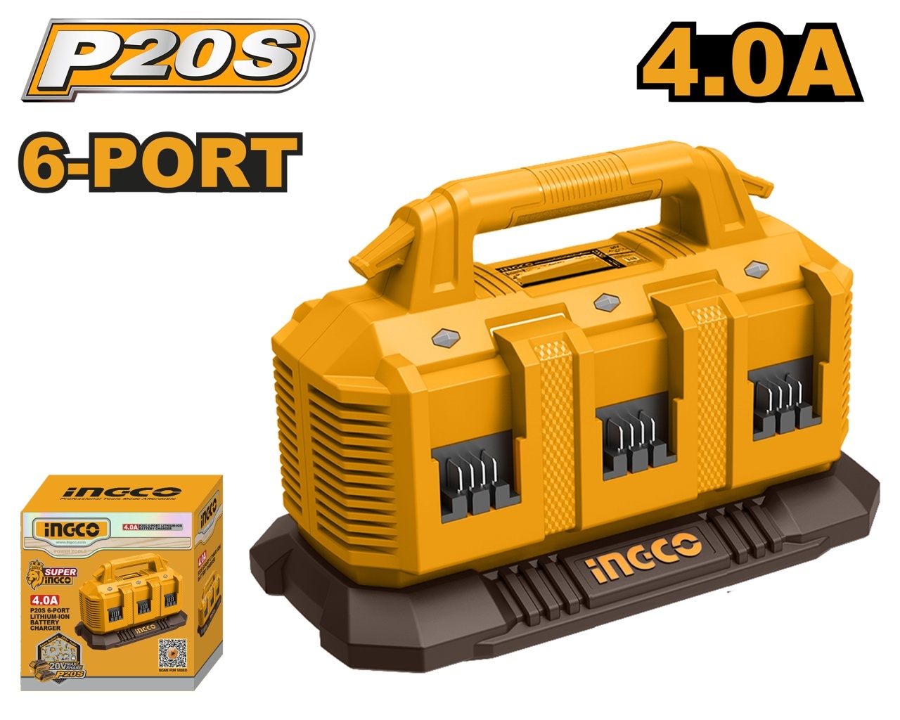 Incarcator 6 Porturi 20V 4A INGCO FCLI2064 pentru Acumulatori P20S, Incarcare Multipla Inteligenta Secventiala pentru Atelier si Utilizare