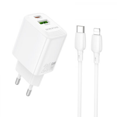 Incarcator Retea Cu Cablu Lightning Borofone BN27 Fuente, 20W, 3A, 1 x USB-A – 1 x USB-C, Alb