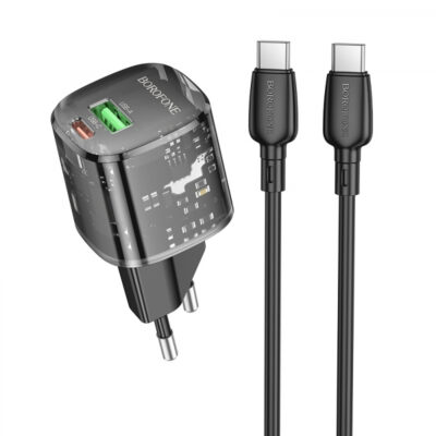 Incarcator Retea Cu Cablu USB-C Borofone BN17 Sunlight, 20W, 3A, 1 x USB-A – 1 x USB-C, Negru