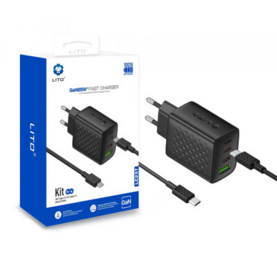 Incarcator Retea Cu Cablu USB-C Lito LC25T, 65W, 3.25A, 1 x USB-A – 2 x USB-C, Negru
