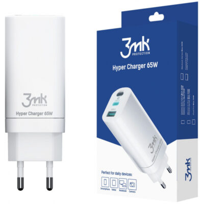 Incarcator Retea 3MK HyperCharger, 65W, 5A, 1 x USB-A – 2 x USB-C, Alb