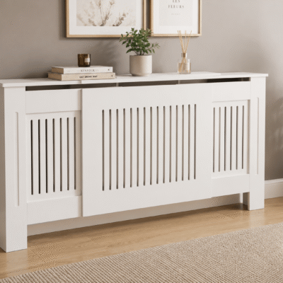 Mască calorifer ECO, MDF cu lamele verticale – Alb lucios – 3XL – 141-203 × 19 × 81.5 cm