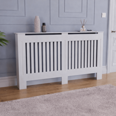 Mască calorifer ECO, MDF cu lamele verticale – Alb lucios – XL – 152 × 19 × 81.5 cm