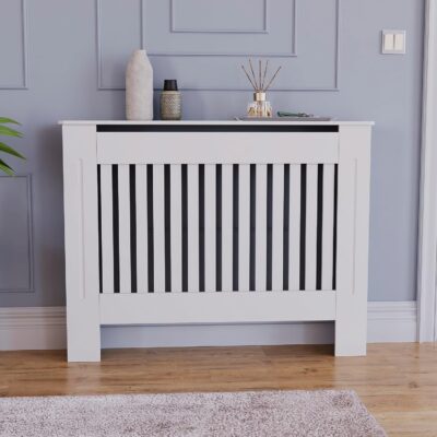 Mască calorifer ECO, MDF cu lamele verticale – Alb lucios – M – 112 × 19 × 81.5 cm