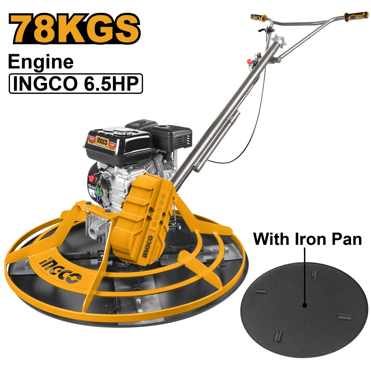 Masina Elicopterizat Beton 6.5CP 91cm INGCO GPT361-2E Profesionala cu Disc si Lame, Finisare Beton Motor Benzina pentru Santiere